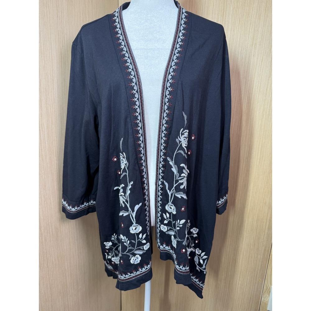 Coldwater Creek Cardigan Sweater Womens 1X Embroidered Floral Open Front Boho